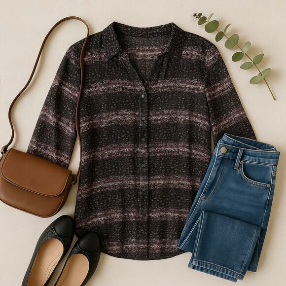 CAbi Blouse XS Black Sheer Chiffon Abstract Print Long Sleeve - Picture 2 of 10